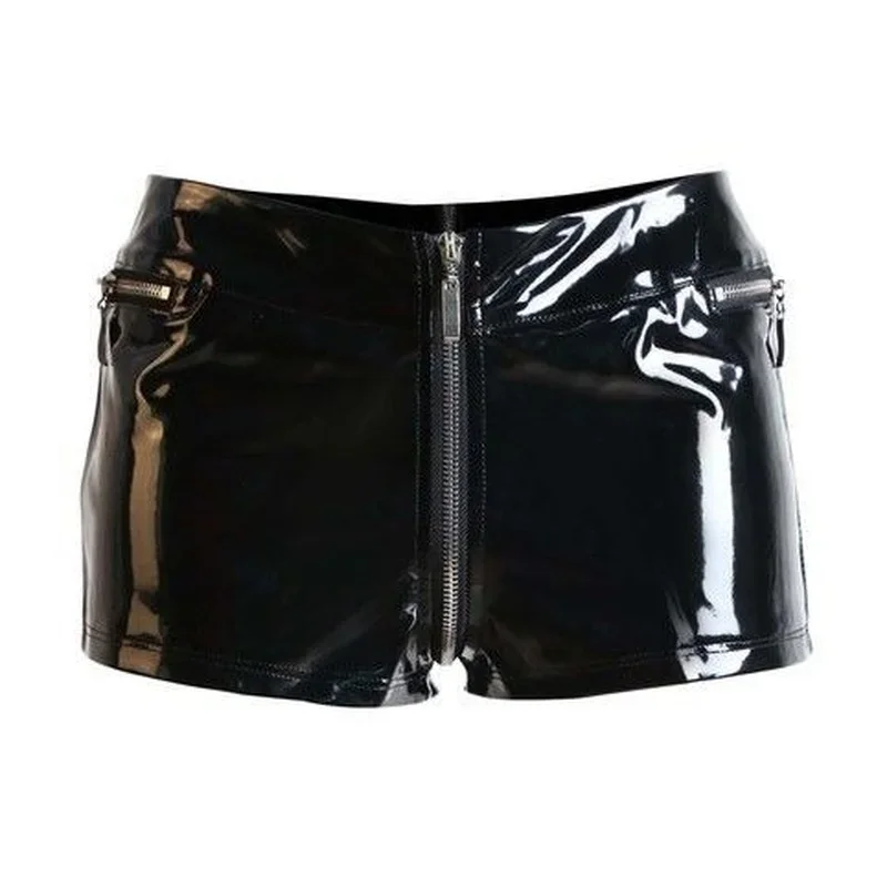 

Plus Size Bright Leather Shorts Women PVC Zipper Open Crotch Bodycon Black Shorts Pole Dance Womens Sexy Slim Shorts New