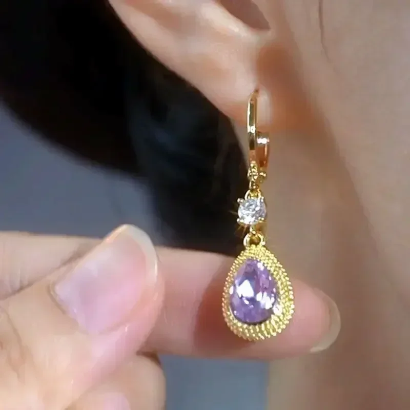 New Purple Drop-shaped Zircon Golden Edged Pendant Earrings For Women Fashionable Daily Accessory Party Jewelry Birthday Gifts