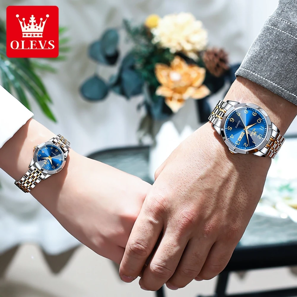 OLEVS 9970 Couple Watch Men's and Women's Stainless Steel Luminous Waterproof Calendar Watch Digital Dial Diamond Mirror Watch