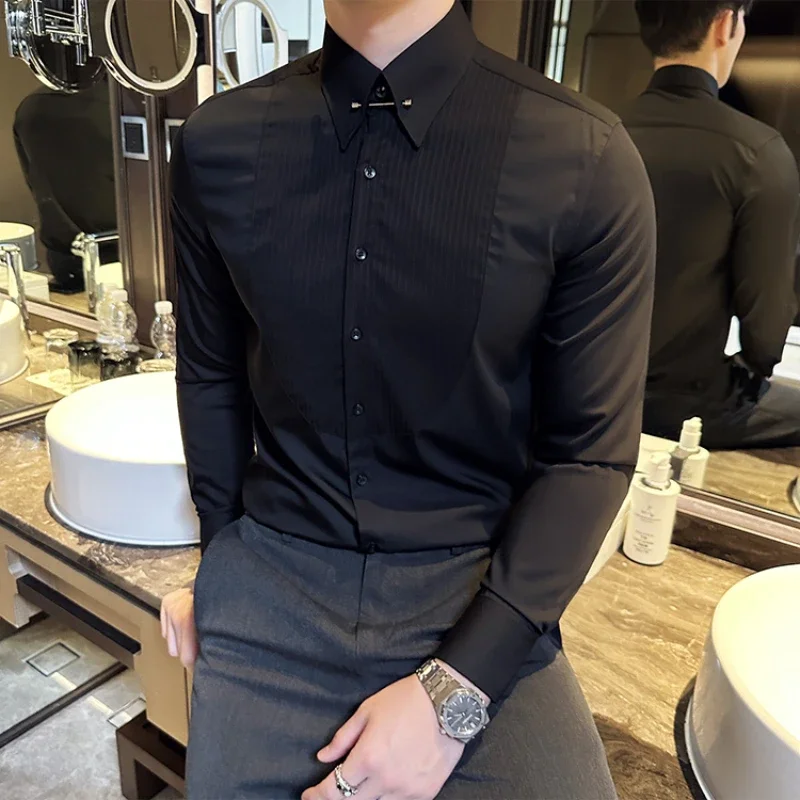 2023 autumn Pleated Metal Decorative Shirt Men Long Sleeve Casual Business Dress Shirts Social Party Tuxedo Blouse men clothing