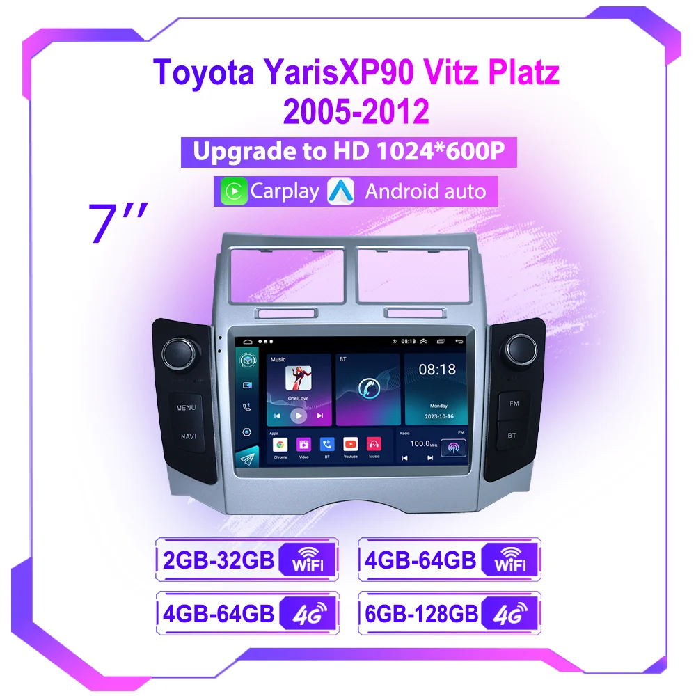 7inch Car Multimedia Player for Toyota Yaris XP90 Vitz Platz 2005-2012 2DIN Android GPS Navigation Carplay Auto Stereo Head Unit