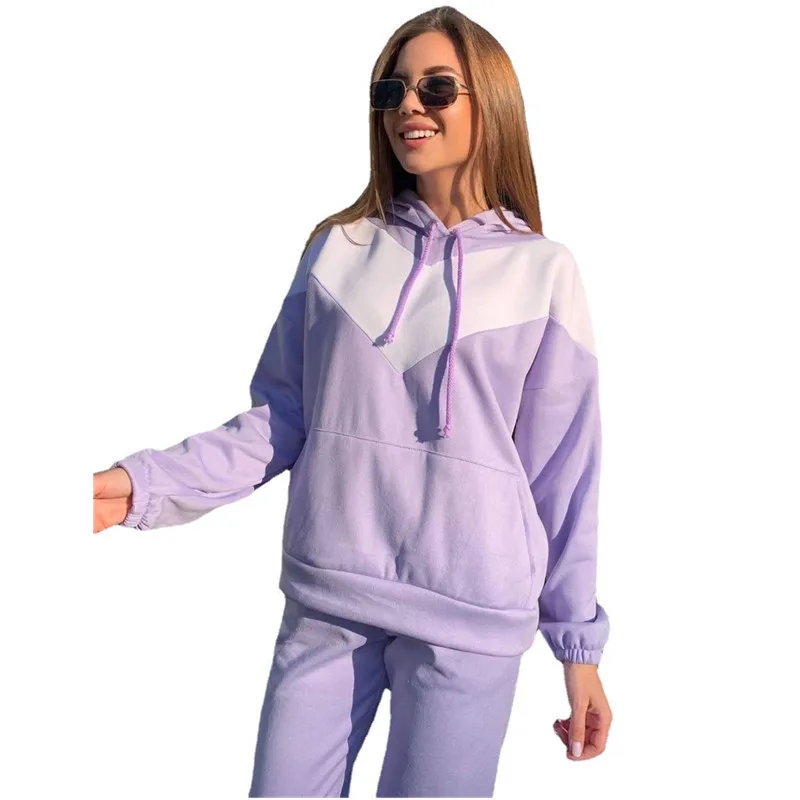 Women Fitness Suit 2022 Women's Casual Fashion Color Matching Thick Hooded Long Sleeved Sweater And Pants Two-piece Set