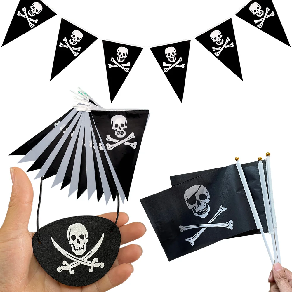 Pirate Theme Party Decor Pirate Banners Hand Flag Skull Eye Mask Skull Pennant Triangle Flags Halloween Pirate Party Supplies