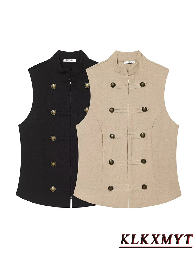 

Women's Vest Fashion Vintage Double Breasted Decoration O-Neck Sleeveless Zipper Top Spring Summer Chic New