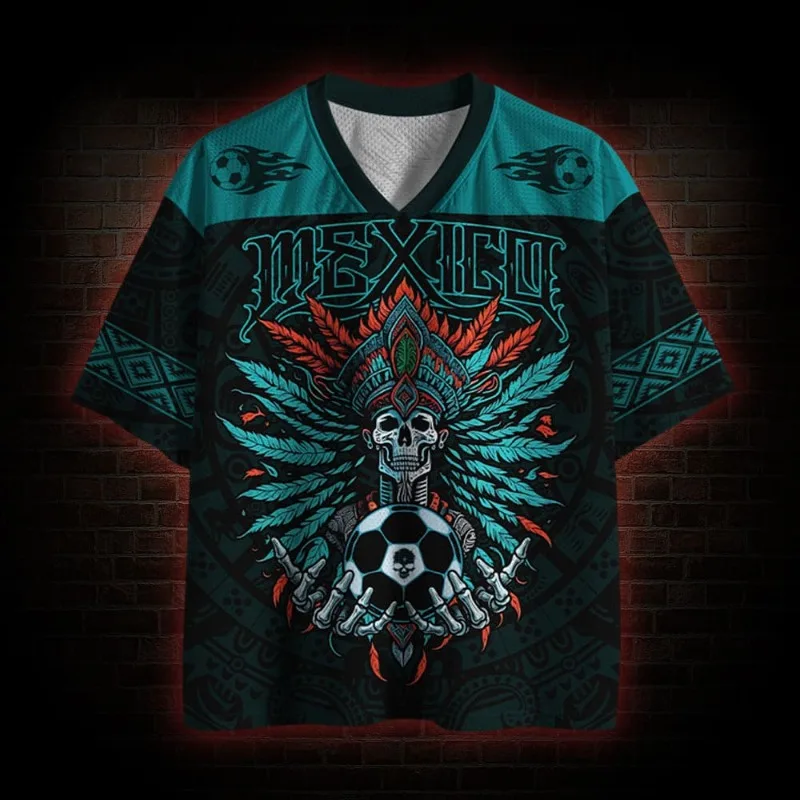 Mexico Aztec Tribal Soccer Jersey Mayan Calendar Skull Jaguar Eagle Print V Neck Tshirt Unisex Mexican Flag Casual Fan Apparel view 5