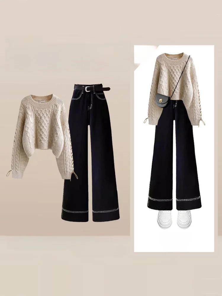 

Anti-Aging Knitted Sweater And Jeans Set with Belt round Ne for Women High Waist Straight Leg Denim Spring Autumn Casual Fa...