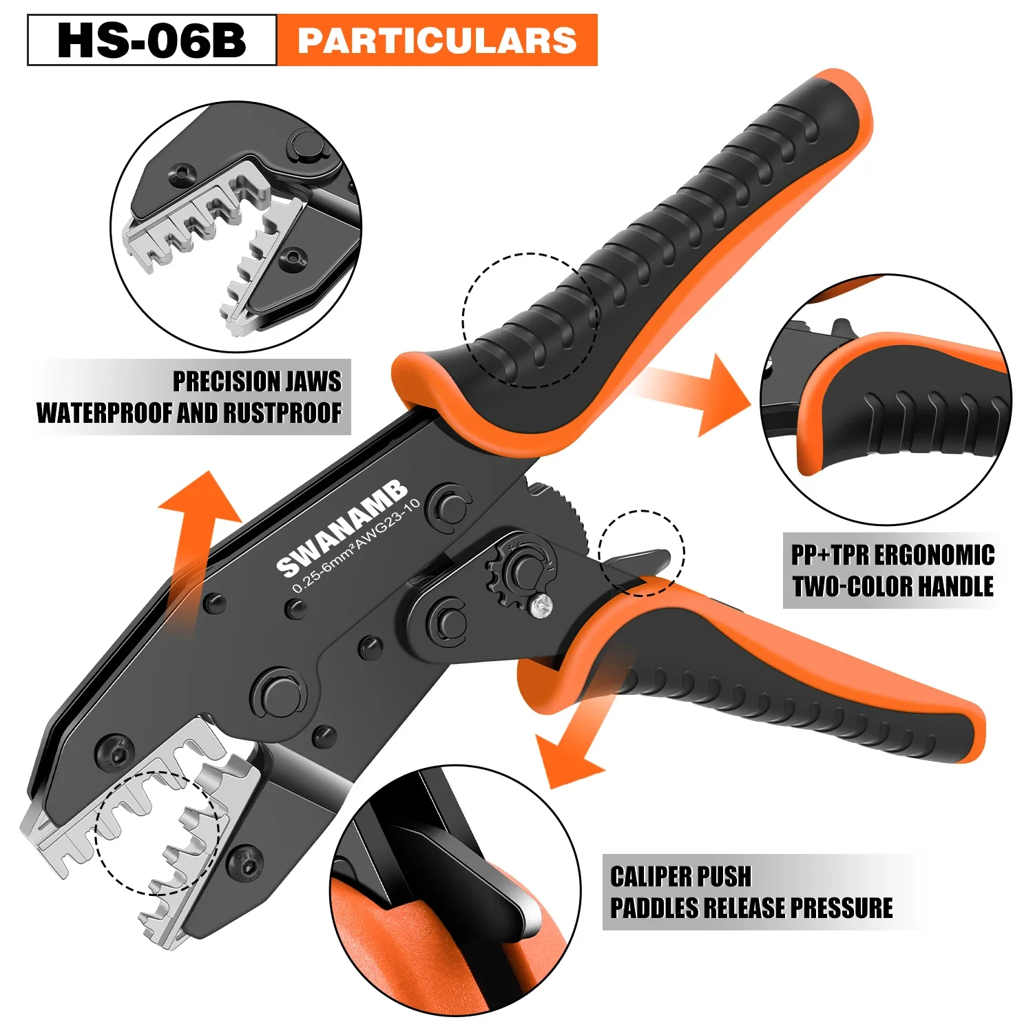 SWANAMB Crimpzange HS-06B für 0,5–6 mm2 XH2,54/2,8/4,8 Flachstecker Crimper für Anschlussklemmen