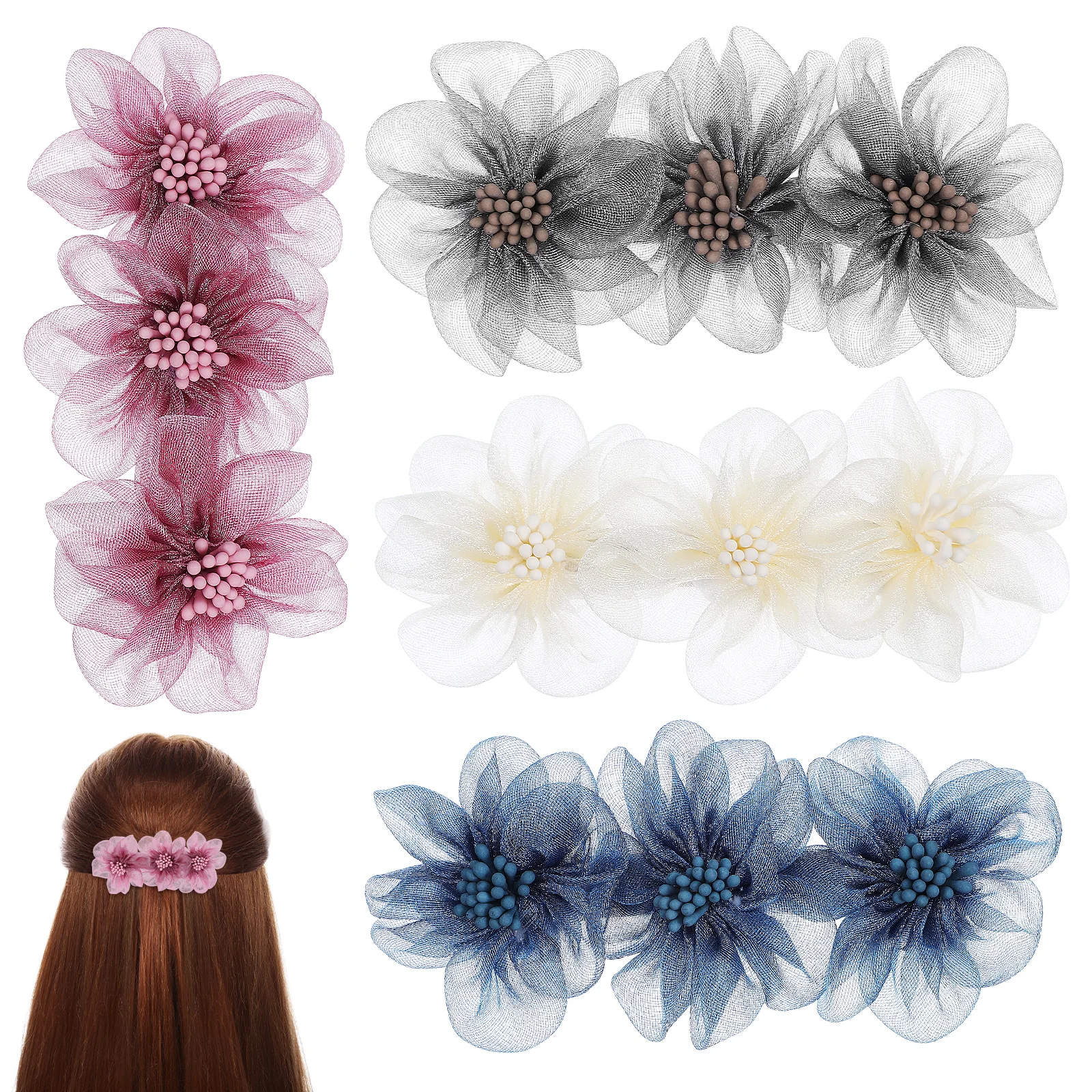 

4pcs Snap Style Hair Clips Floral Barrettes Gray Beige Comfortable Women Accessories For Wedding Boho Hair Piece