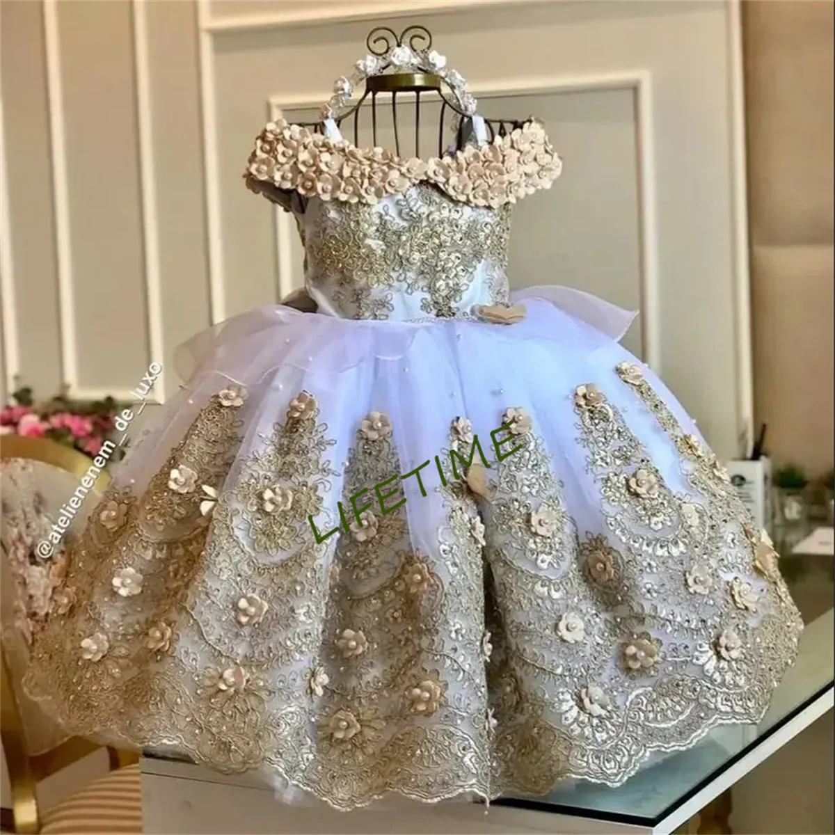 Gold Flower Girl Dress For Wedding Puffy 3D Applique Tulle With Pearl Princess Kids Birthday First Communion Ball Gown