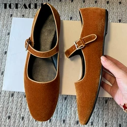 5.10 TOPACHIC Genuine Leather Flat Mary Janes Shoes Elegant Comfortable Velvet Square Buckle Shallow Women's Pumps