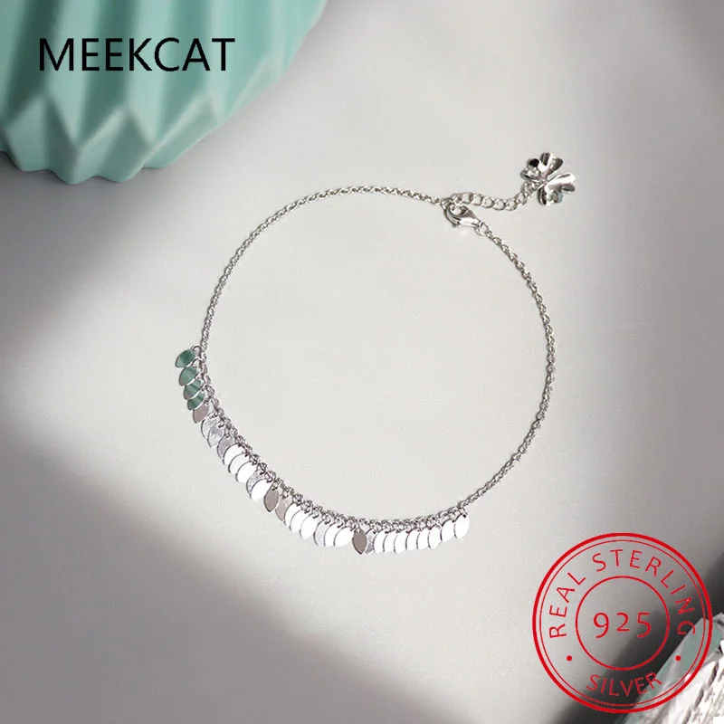 Popular Real 925 Sterling Silver Sweet Wafer Tassel Chain Anklets Foot Bracelet For Women Best Friend Fine Jewelry Gift DA2353