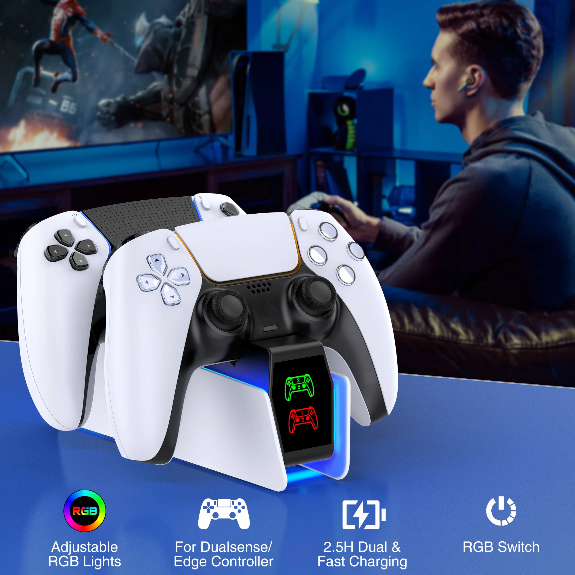 DinoFire Dual Fast Charger for PS5 Wireless Controller Stand for Sony PlayStation 5 Gamepad DualSense controller Charging Base