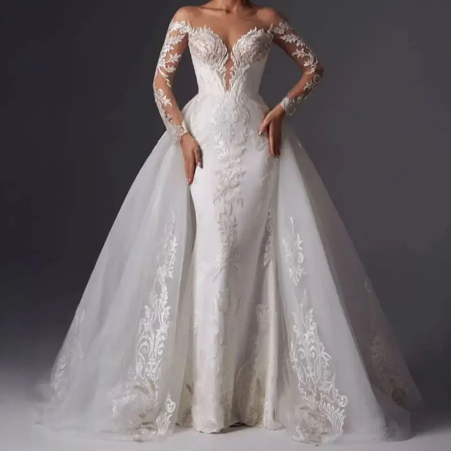 Vestido de novia de sirena de manga larga con escote en forma de corazón de lujo, pegatinas de encaje de tul brillante, vestido de novia desmontable, personalización