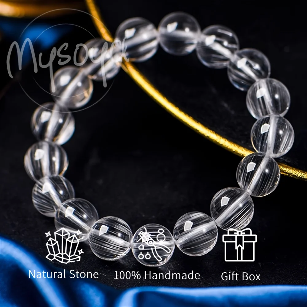

MYSOYA Natural USA A-Grade Frosted Cat Eye White Topaz Bead Bracelet With Gift Box, Birthday Gift, Valentine’s Day
