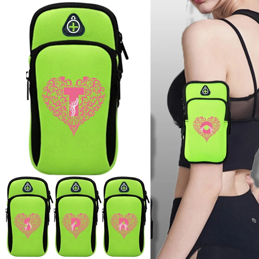 

Phone Arm Bag with Headphone Jack Waterproof Breathable Green Sports Running Bag Gym Mobile Phone Holder Love Letter Priting