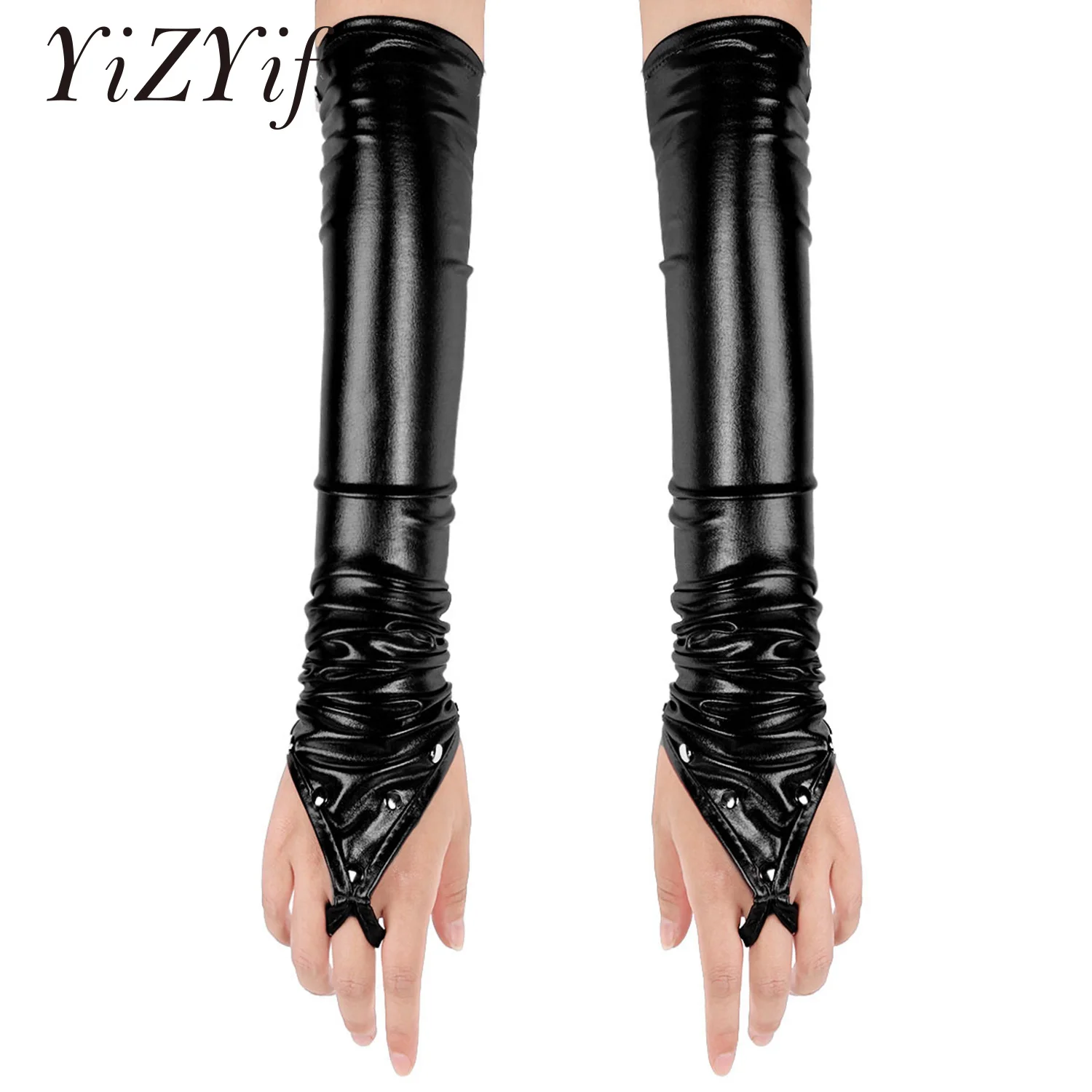 

Women Gloves Wetlook Patent Leather Shiny Metallic Fingerless Long Gloves with Rivets Night Club Dancewear Sexy Long Arm Gloves