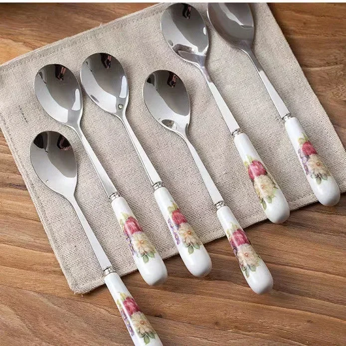 6Pcs/Set Stainless Steel Ceramic Handle Tea Spoon Creative Coffee Spoon Honey Dessert Ice Cream Spoon Small Teaspoon 18*2.5cm