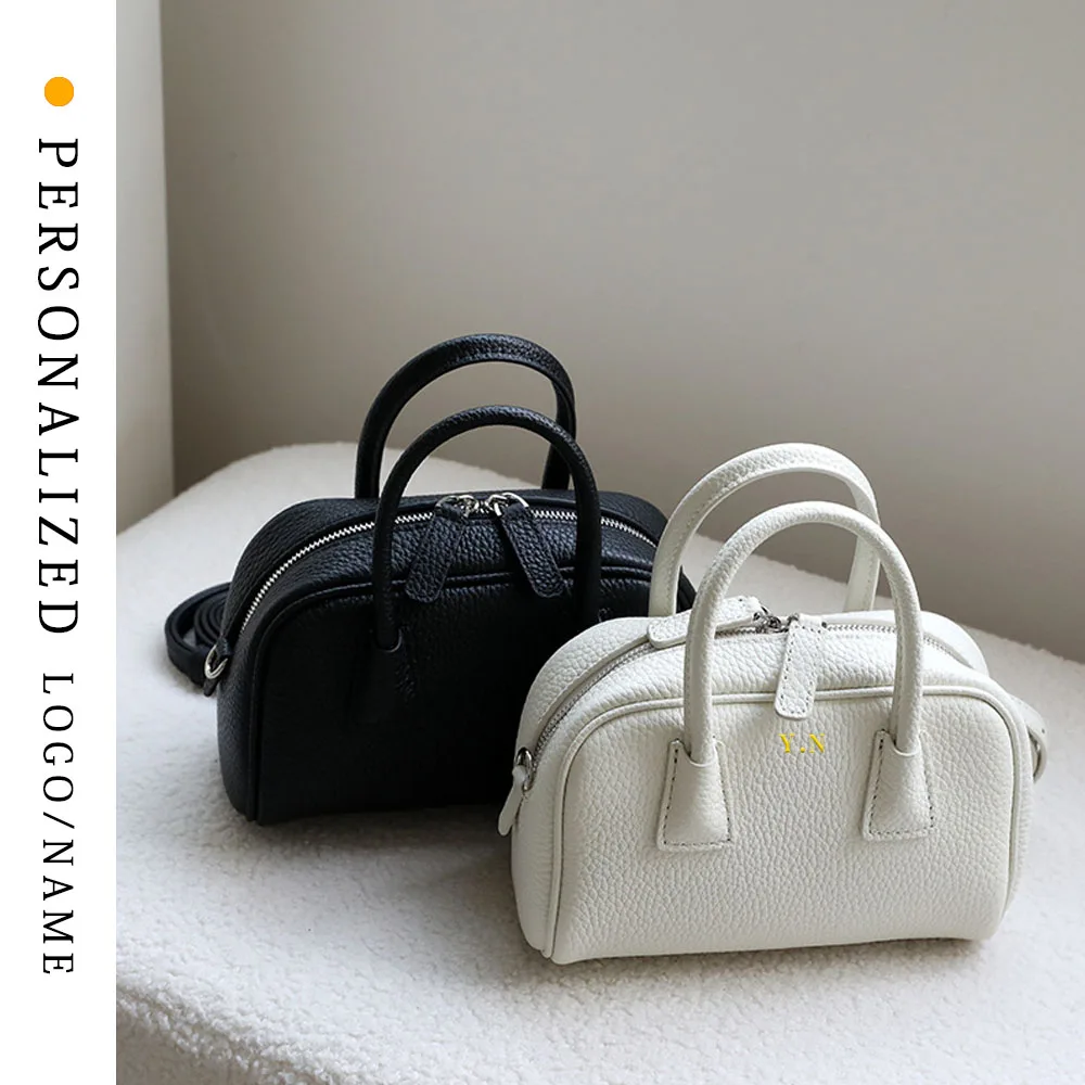 Support Free Personalized Custom First-layer Cowhide Bowling Bag Women's Bag Handbag Crossbody Bag Boston Bag Genuine Leather