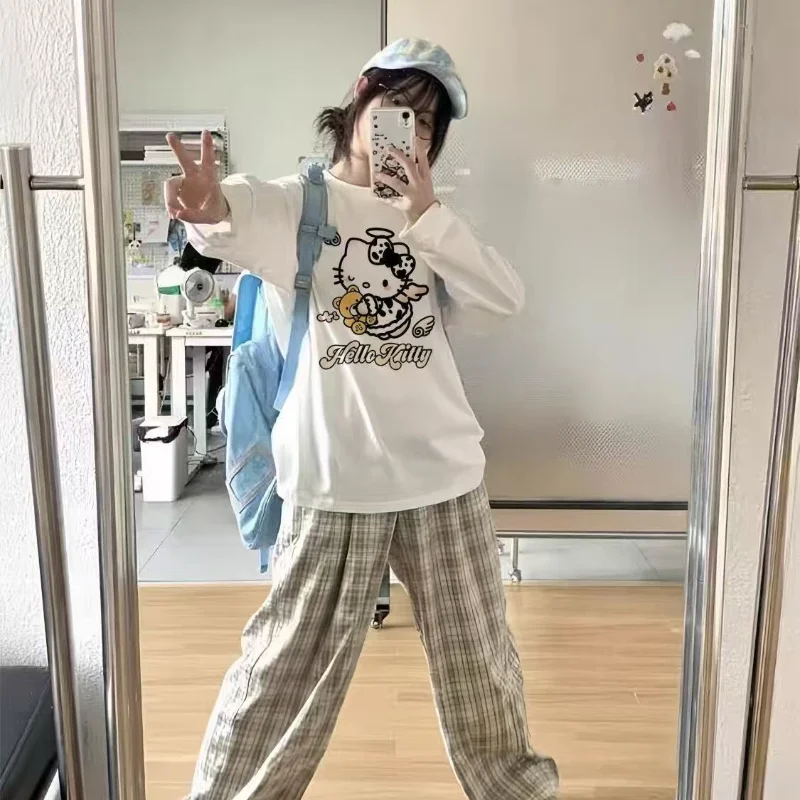 سانريو مرحبا كيتي الشباب المرأة تي شيرت Kawaii الكرتون الخريف والشتاء موضة ملابس امرأة طويلة الأكمام تيز القمم Newstyle #3