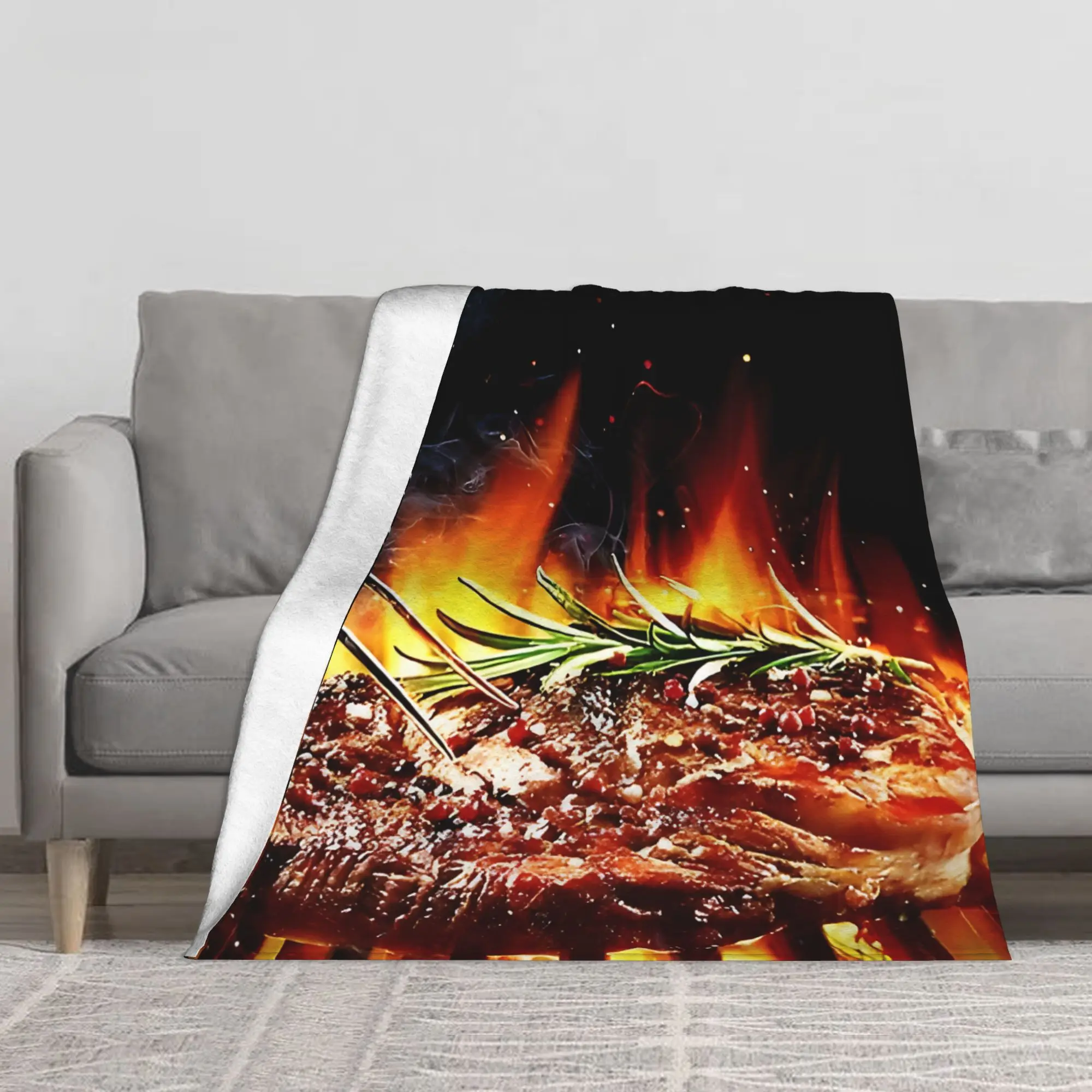 1PC Entrecote Steak With Rosemary, Salt And Pepper Blanket Throw Blanket Novelty Warm Blanket All Season Gift
