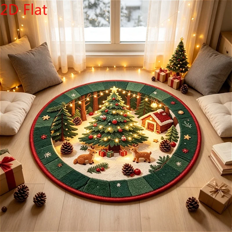 Xmas Vortex Round Rug 3D Tunnel Elf Workshop Gift Print Soft Area Rug Home Decoration for Festive Party Scene