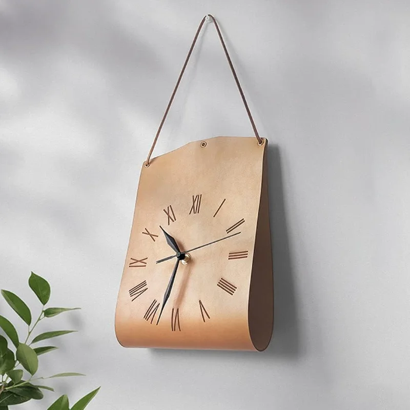 

Vintage PU Leather Wall Clock Retro Art Design Nordic Style Decorative Timepiece For Cafe Study Living Room Home Decor