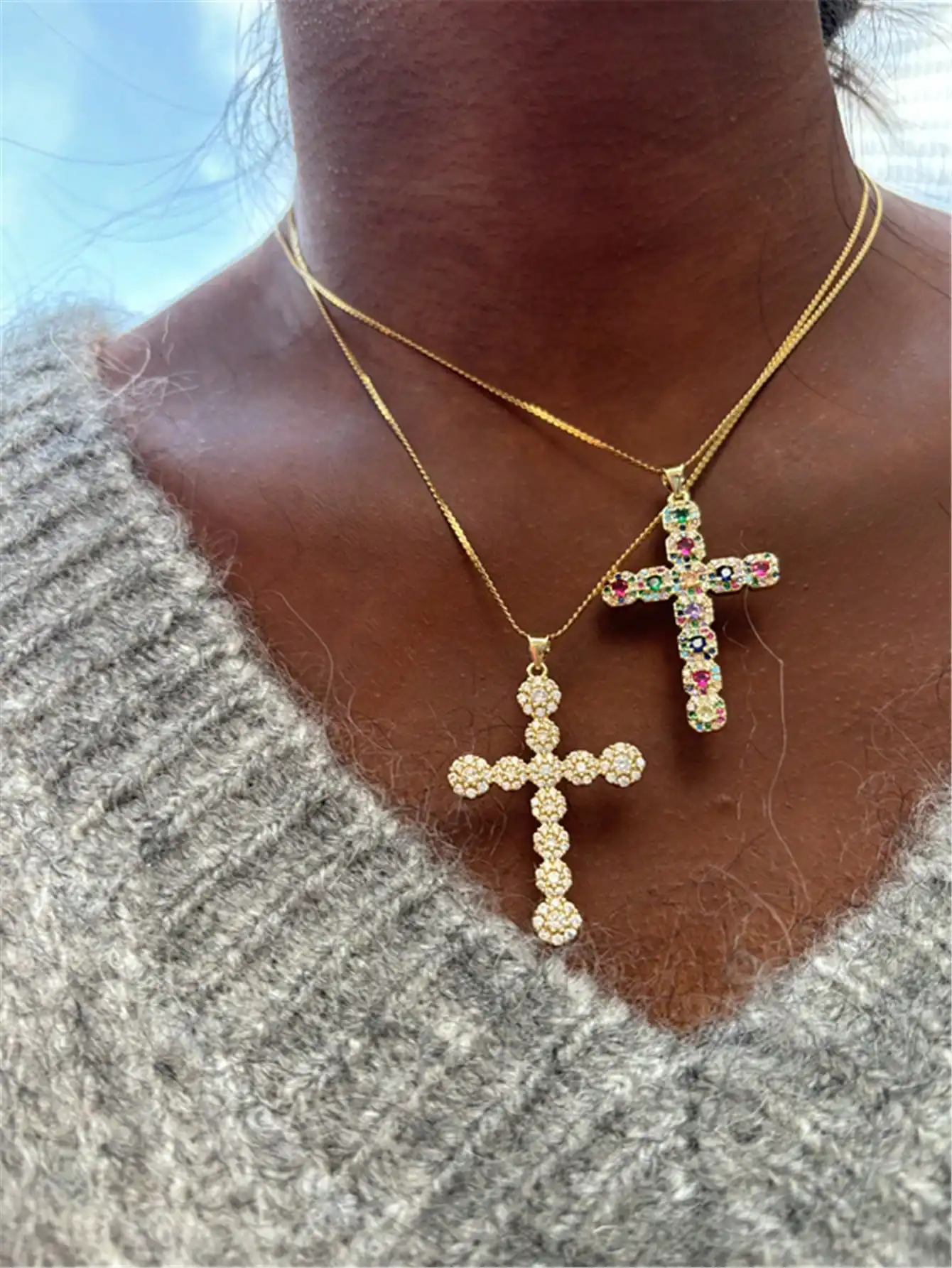 

Layered Gold-Tone Cross Pendant Necklaces with Multicolor & Clear Rhinestones, Stainless Steel Chain