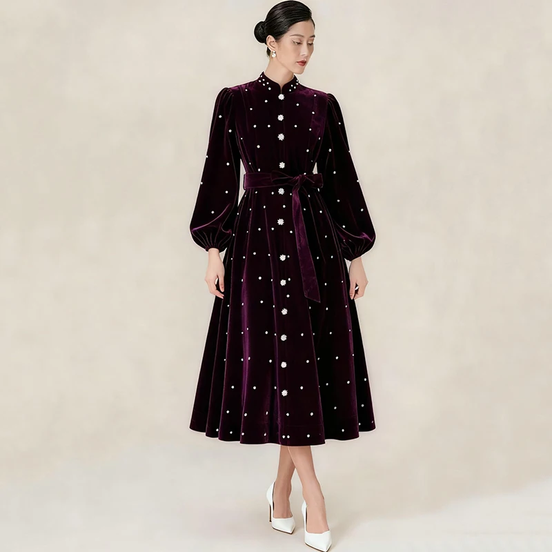 

Chic Velvet Diamond Big Swing Dresses Spring Women Single Breasted Puff Sleeve Dress Autumn Female High Waist Knee Length Dress