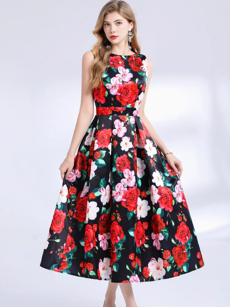 SMTHMA ผู้หญิงดอกไม้พิมพ์ฤดูร้อนชุด O-คอแขนกุดเอวสูง Big Swing ชุดปาร์ตี้ฤดูร้อน Boho วันหยุด Beach Sundress