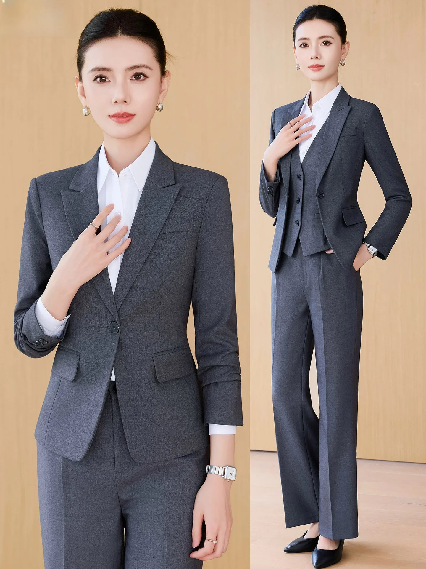 Gray Professional Women's Suit Set Formal Occasion Three-Piece Vest Business Style Polyester Fiber round Hem Long Sleeve