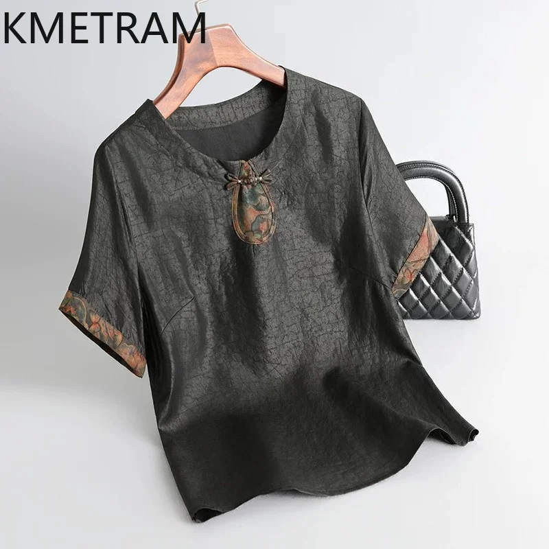 KMETRAM 100% Real Mulberry Silk Top Women 2026 Summer Retro Black Round-neck Short-sleeved Tops Elderly Woman Clothes Ropa Mujer