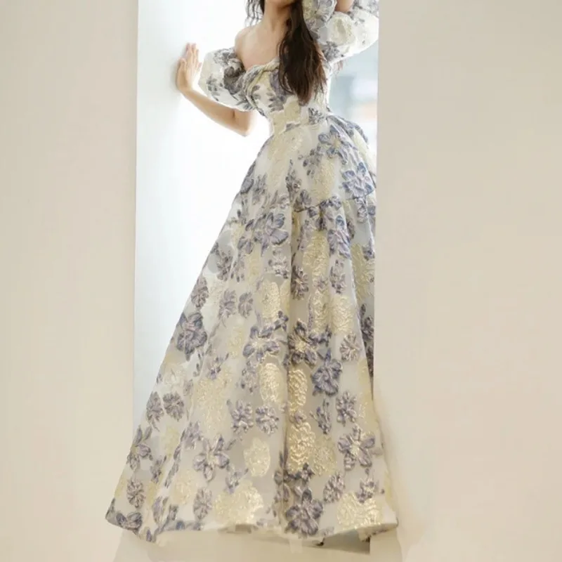 

Temperament Three-dimensional Flower Prinrted Prom Dresses Stain Wedding Dresses Puff Sleeve Suqare Collar Slim Vestido Fiesta