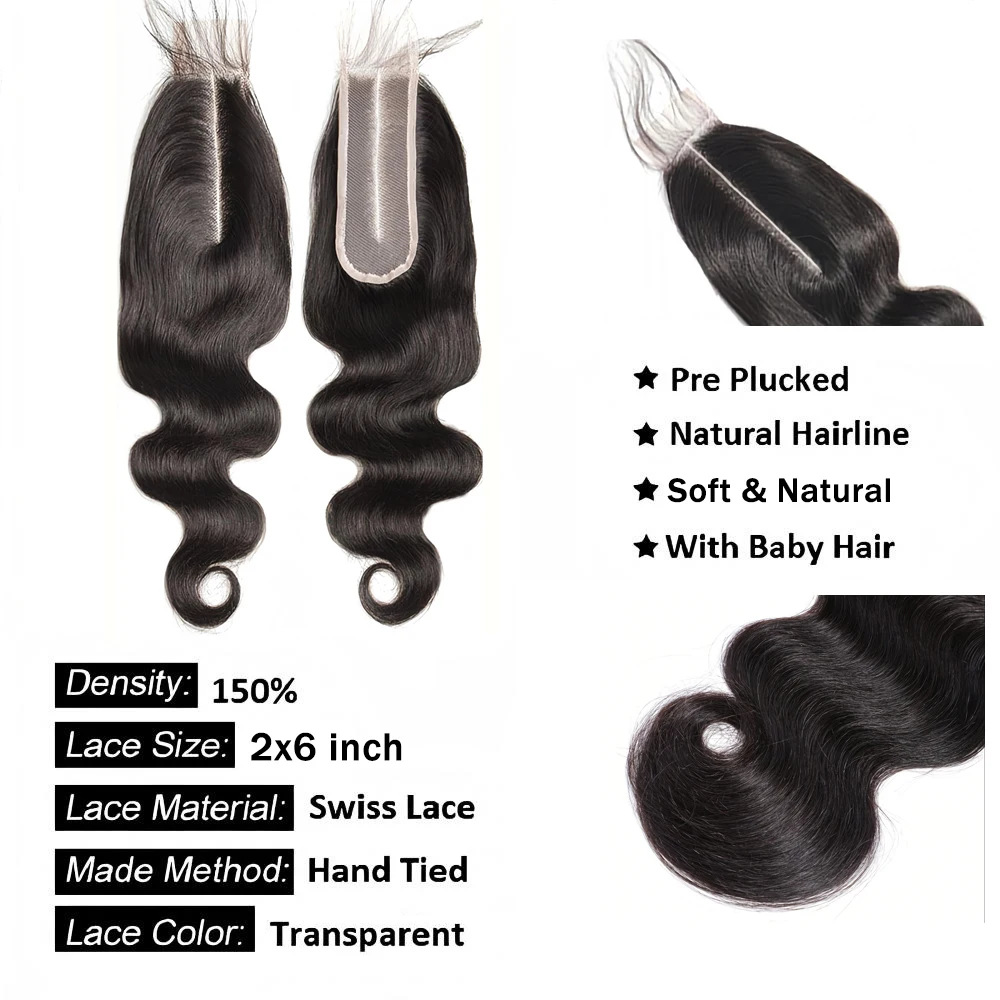 Newmi Body Wave 2x6 Lace Closure Brazilian 100% Human Hair Extensions Transparent Swiss Lace Closure Pre Plucked With Baby Hair