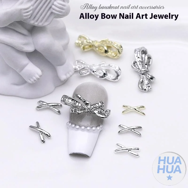 HUA 20 pièces exquis alliage Nail Art breloques de luxe Kawaii arc bijoux or argent ongles strass décoration bricolage accessoires pièces