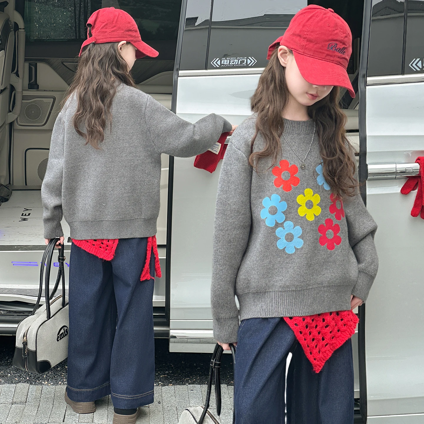 

Spring Autumn School Kids Gray Color Sweater with Flower Print for Teenage Girl Casual Floral Knitwear Children Knitted Clothing