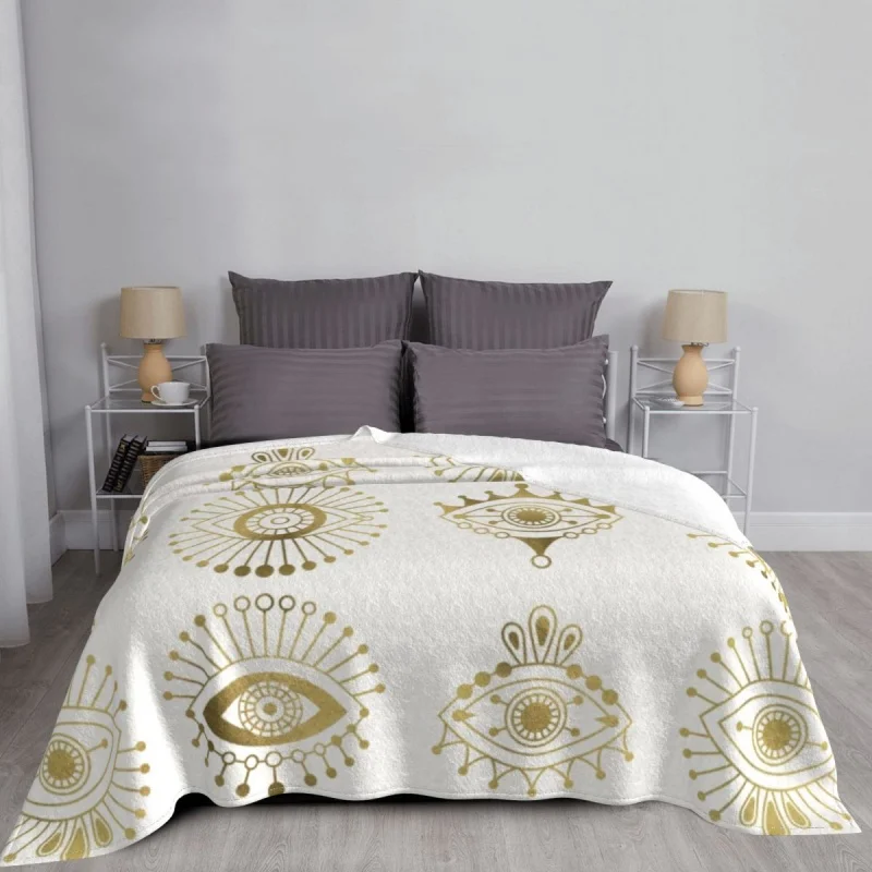 Boho Evil Eyes Hamsa Blanket Soft Fleece Spring Warm Flannel Gold Palette Moroccan Morocco  for Sofa Home Bed Quilt