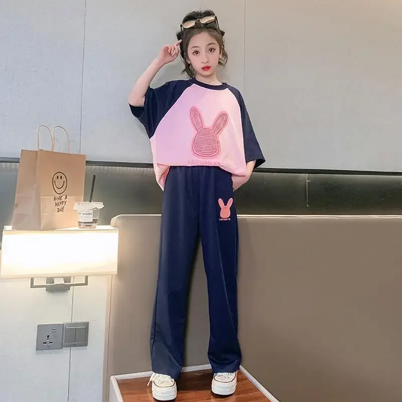 2024 summer Children set Clothes Girls tracksuit casual loose patchwork bunny t-shirt + sport pants Kid Teenager 5 10 11 12 year