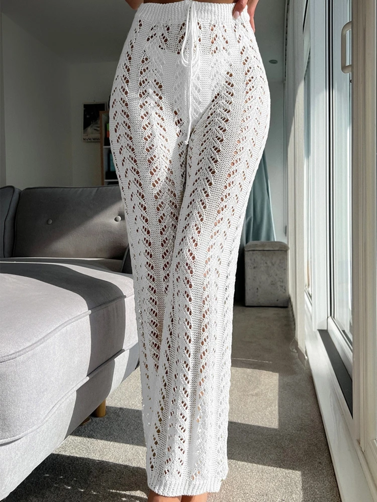 

Women's casual summer clothing semi transparent elegant knitted wide pants comfortable drawstring