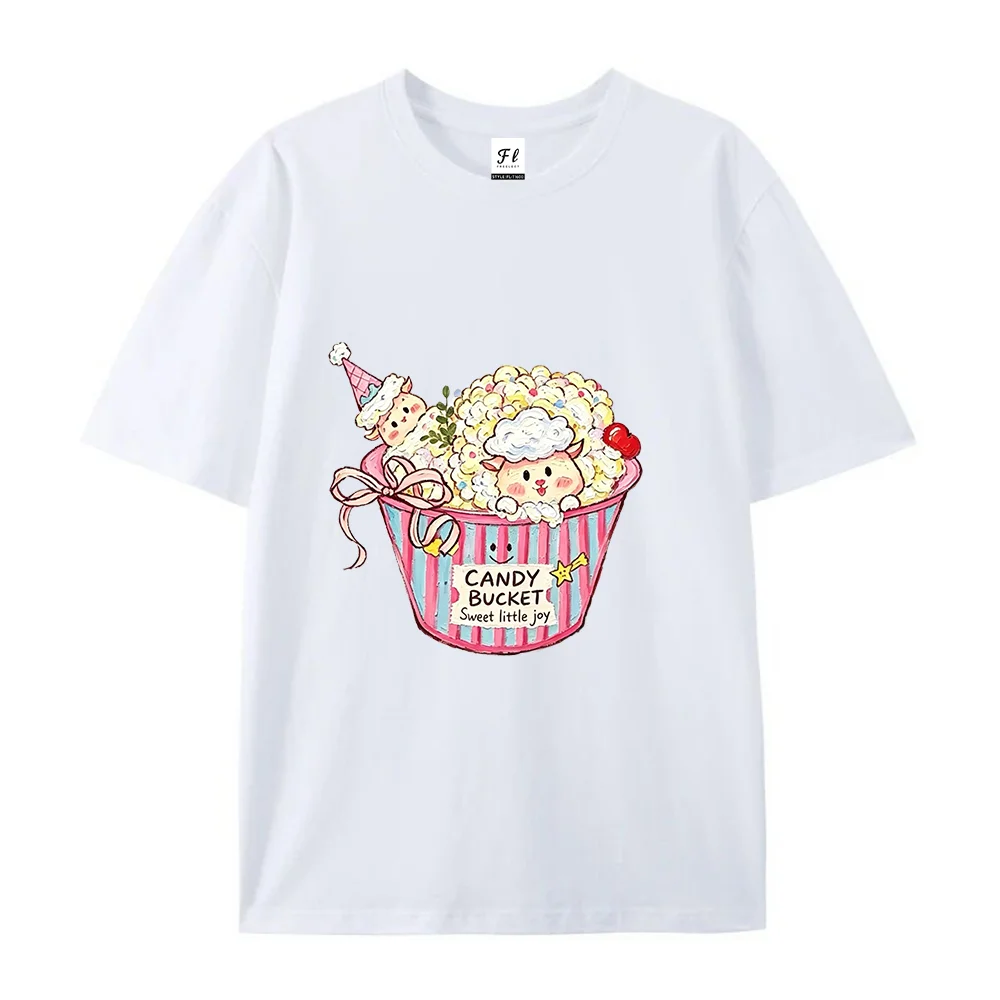 Women T‑Shirt Kawaii Candy Bucket Sheep Graphic Tees Sweet Little Joy Print Cute Cartoon Animal Casual Streetwear Short Sleeve