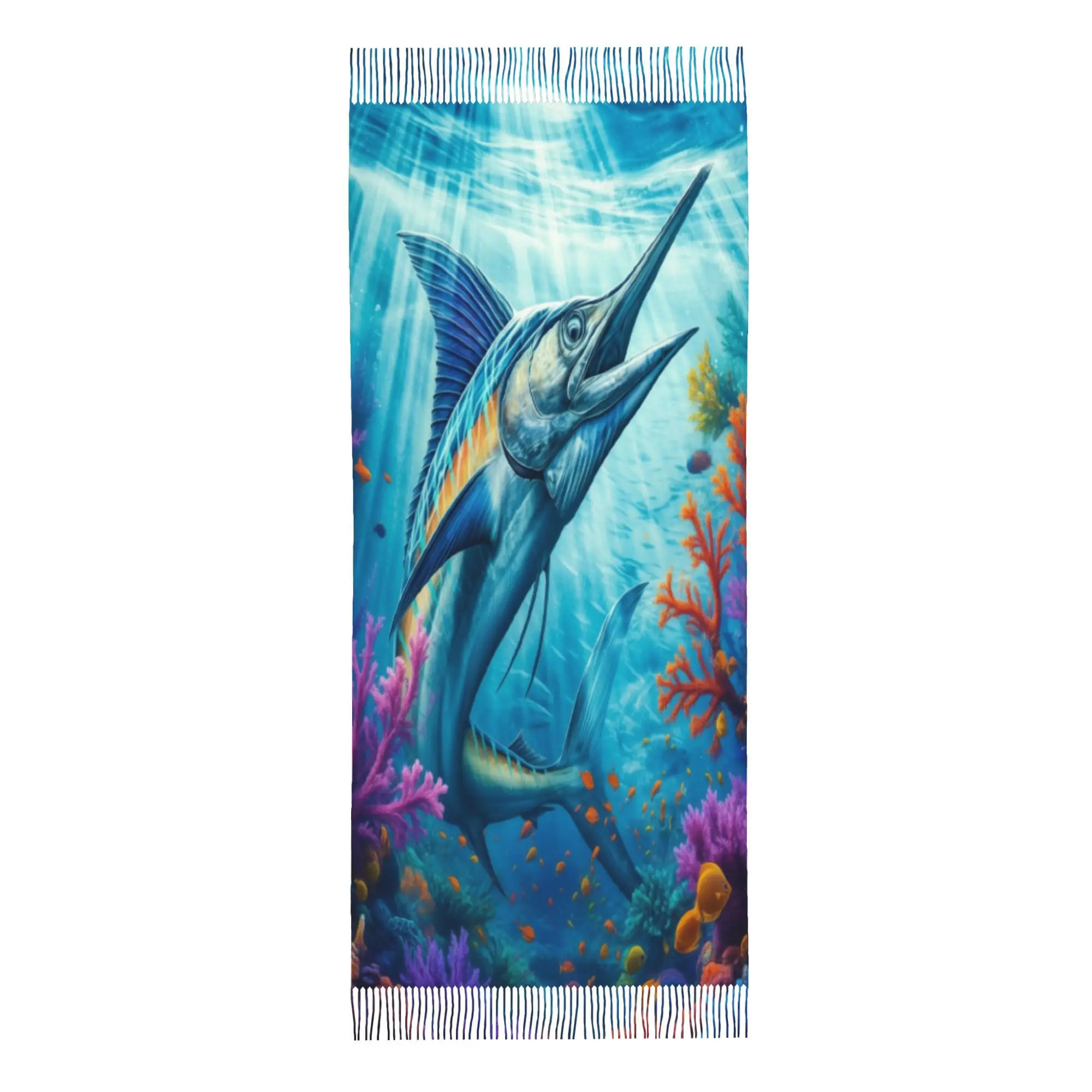 

Fringe Scarf Iridescent Marlin Coral Paradise New Print, Hand Wash, Unisex Decorative Shawl, Non-Stretch Warmth