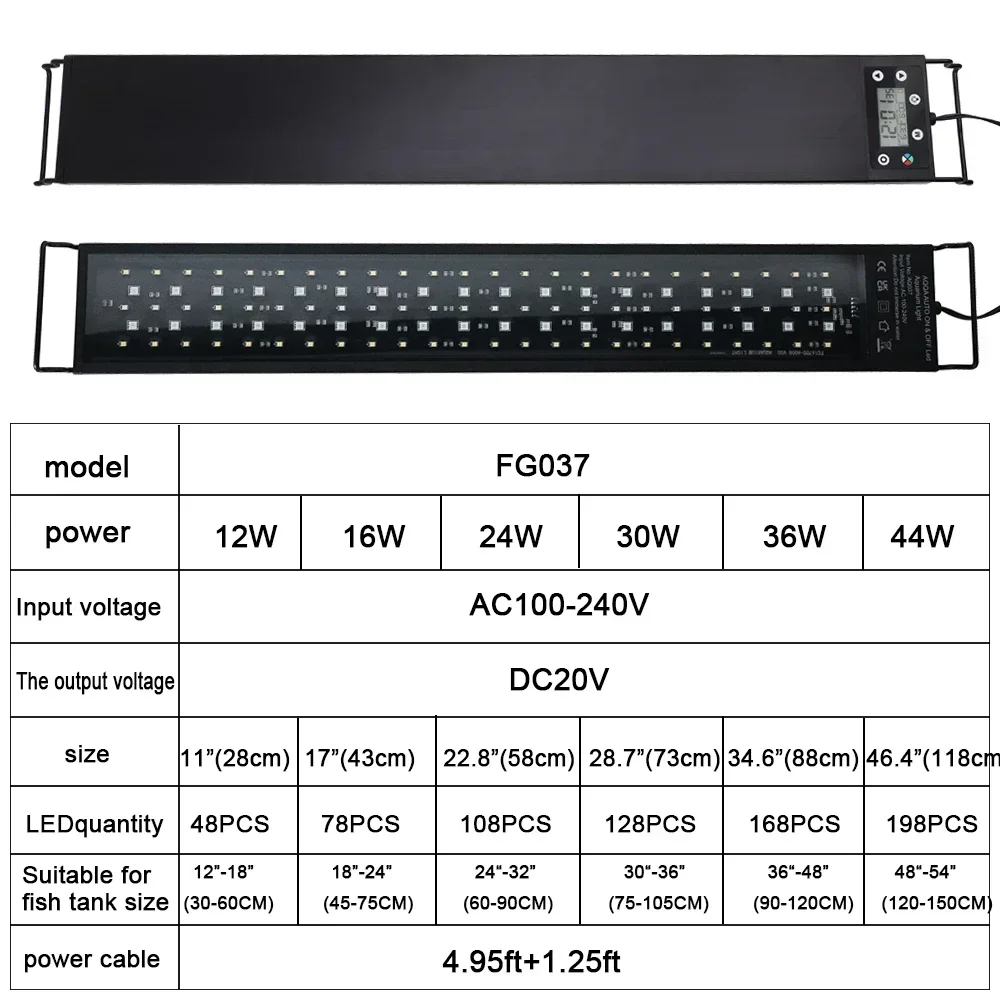 100V-240V 30-60cm LED Light Fish Tank 24/7 Full Spectrum Lighting Aquarium Decorative Aquatic Plant Grow Light IP68 Waterproof