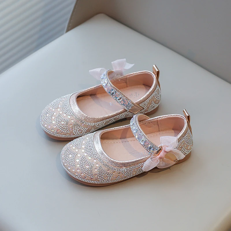 Girls Mary Jane Shoes Silver Thin Glitter Drill Girls Small Leather Shoes Pink Flat Non-slip Kids Princess Single Shoes Sandals