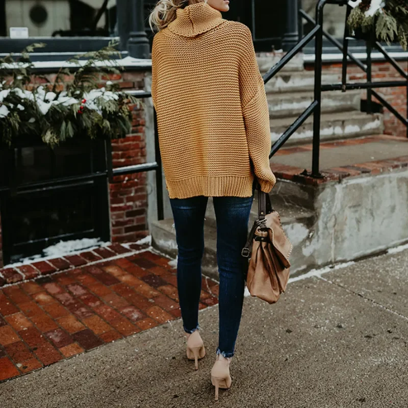 Женский осенне-зимний свитер с высоким воротником, свитер с вытягивающим эффектом, Женский Повседневный теплый свитер в европейском и американском стиле, Свитер оверсайз