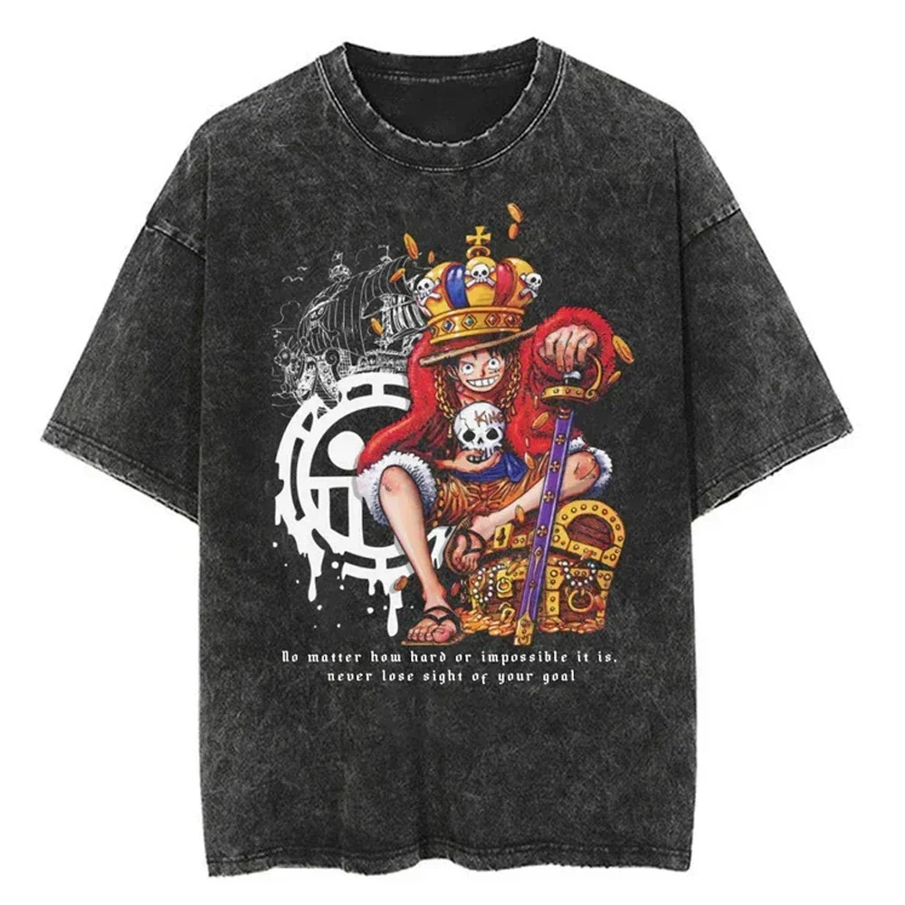 

One Piece Luffy Men Washed T-shirt Casual Oversized Washed Harajuku Cotton Japanese Anime Graphic Loose Streetwear Black Tops