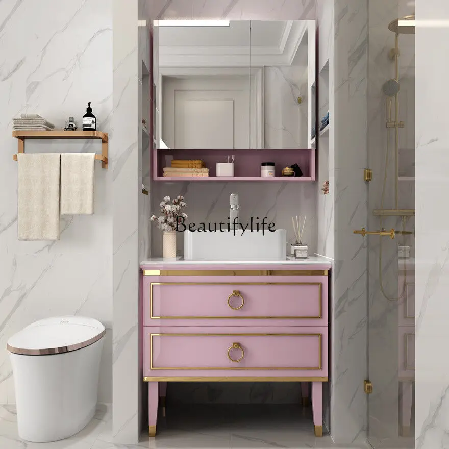 

Customized light luxury oak bathroom cabinet combination floor-to-ceiling Nordic table basin mirror cabinet