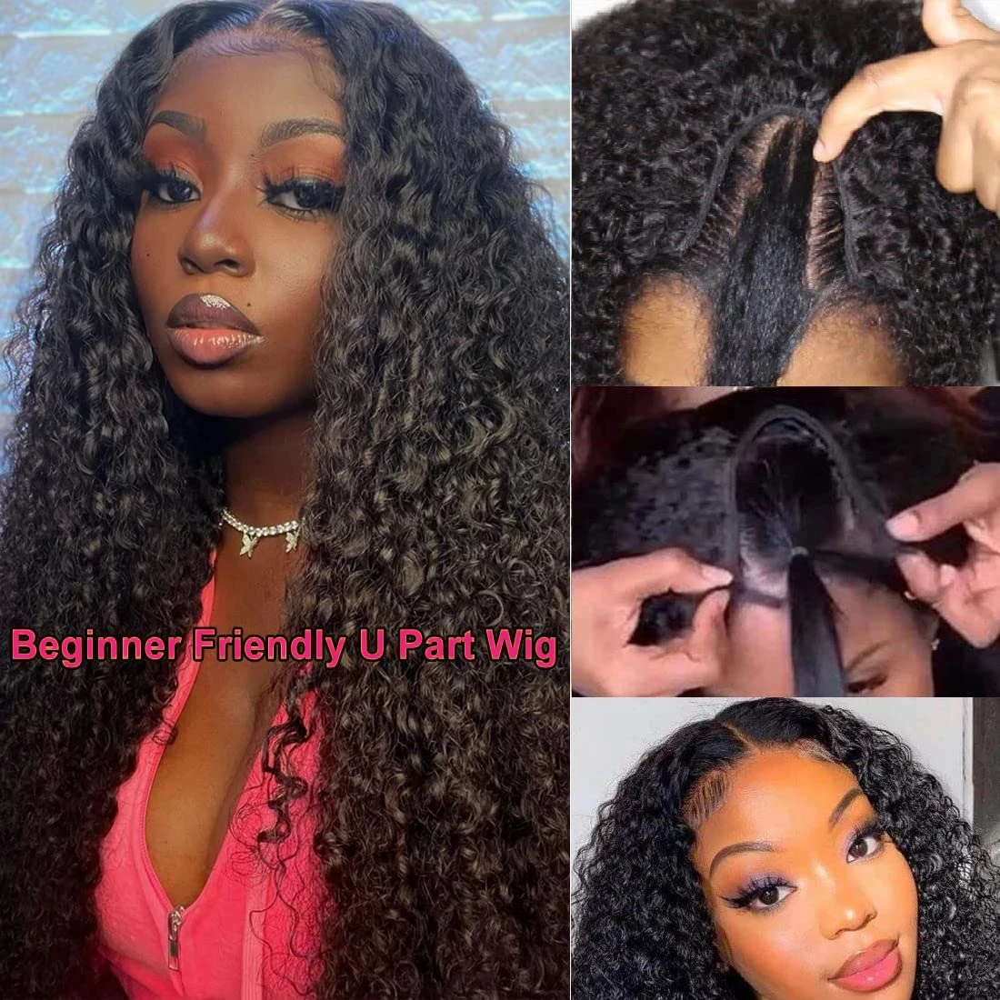 Brasileiro Kinky Curly Perucas de Cabelo Humano para Mulheres, V Part Wig, sem deixar de fora, Cabelo Virgem Onda Profunda, 250%