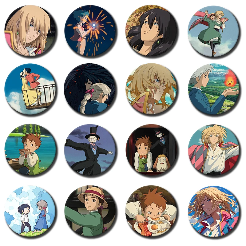 58mm Anime Icons Brooches H-Howl's Moving Castle Badge for Backpack Accessories Howell Jenkins,Sophie,CalciferCartoon Lapel Pins