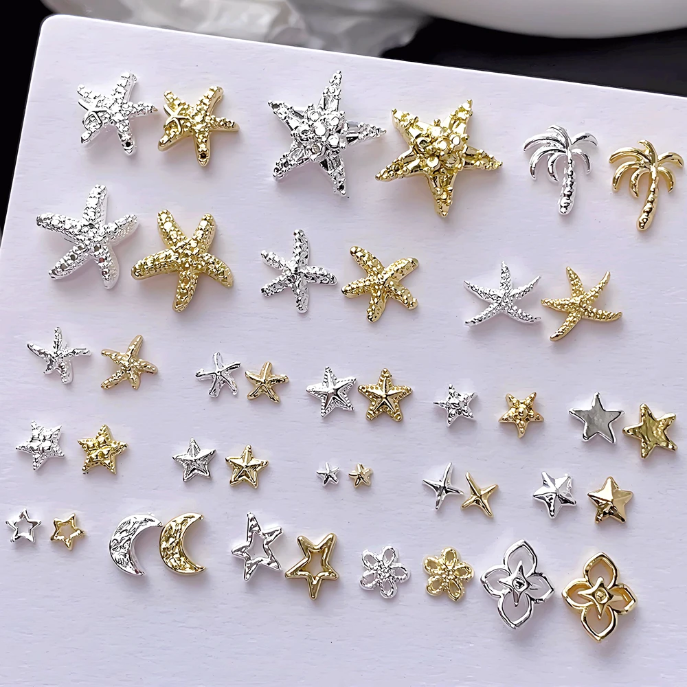 20PCS Silver Gold 3D Metal Stars Moon Nail Art Starfish Charms Accessories For Ocean Beach Nails Decoration Manicure Supplies