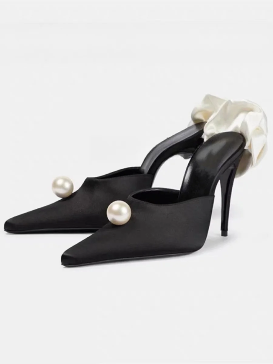

Slip On Design Pointed Toe Pearl And Flowers Summer Outdoor Women Slippers Stiletto High Heel Large Size Fashion Lady Shoes