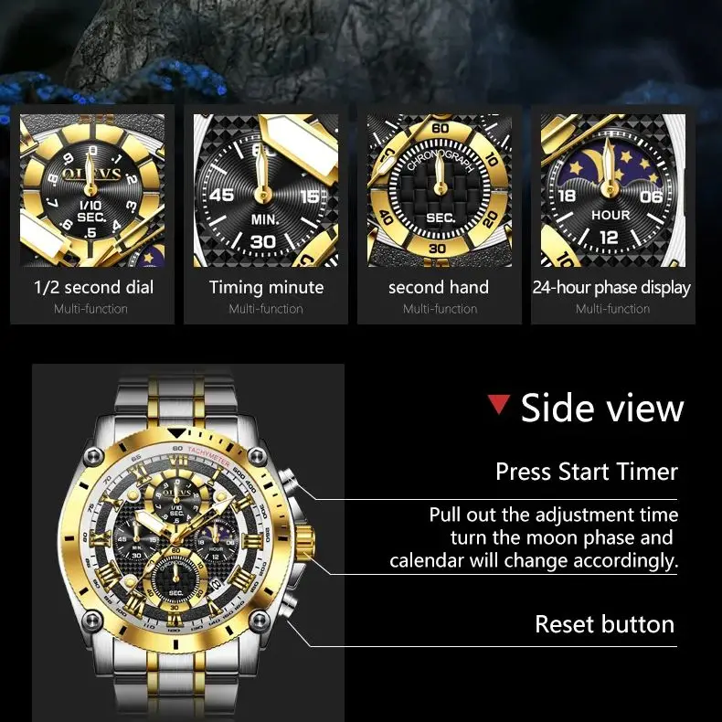 OLEVS 3689 Quartz Men's Watch Multi-functional Date Moon Phase Waterproof Luminous Watch for Men Sports Hand Clock view 6